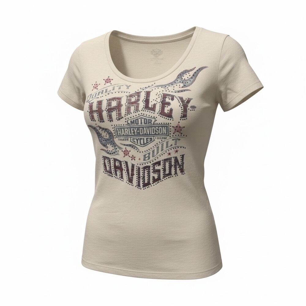 Harley Davidson Chicago IL T-Shirt Small Cream Graphic Tee Rhinestone Flame